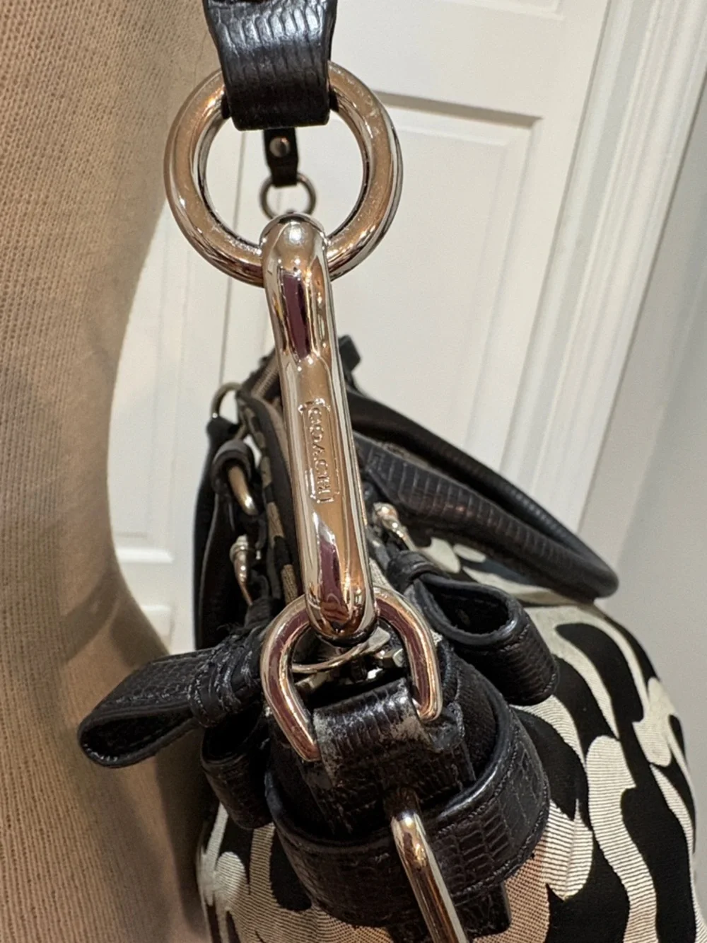 Coach Madison Sophia Satchel bag in black Op Art lured fabric w/leather trim